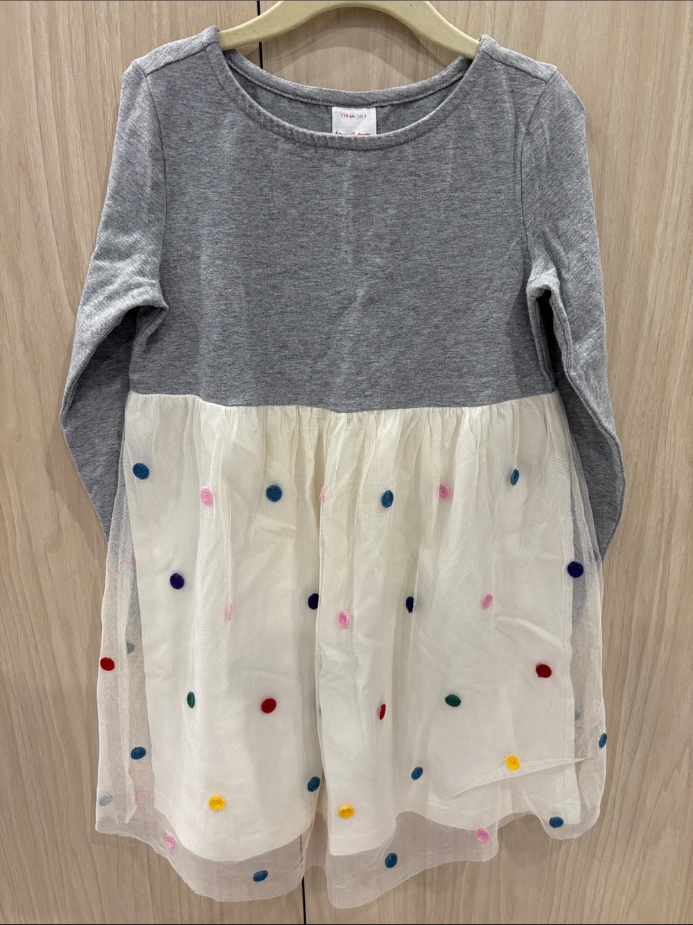 Hanna Andersson Gray Knit Top with Ivory Tulle Skirt and Multicolor Polka Dots